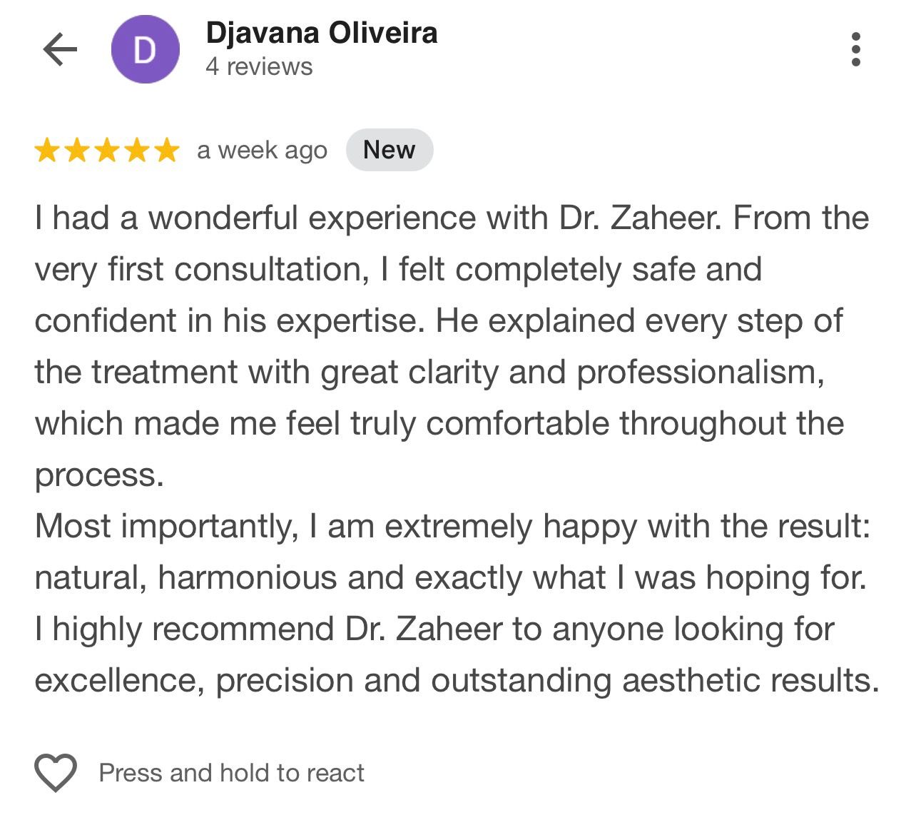 Patient review screenshot by Djavana Oliveira