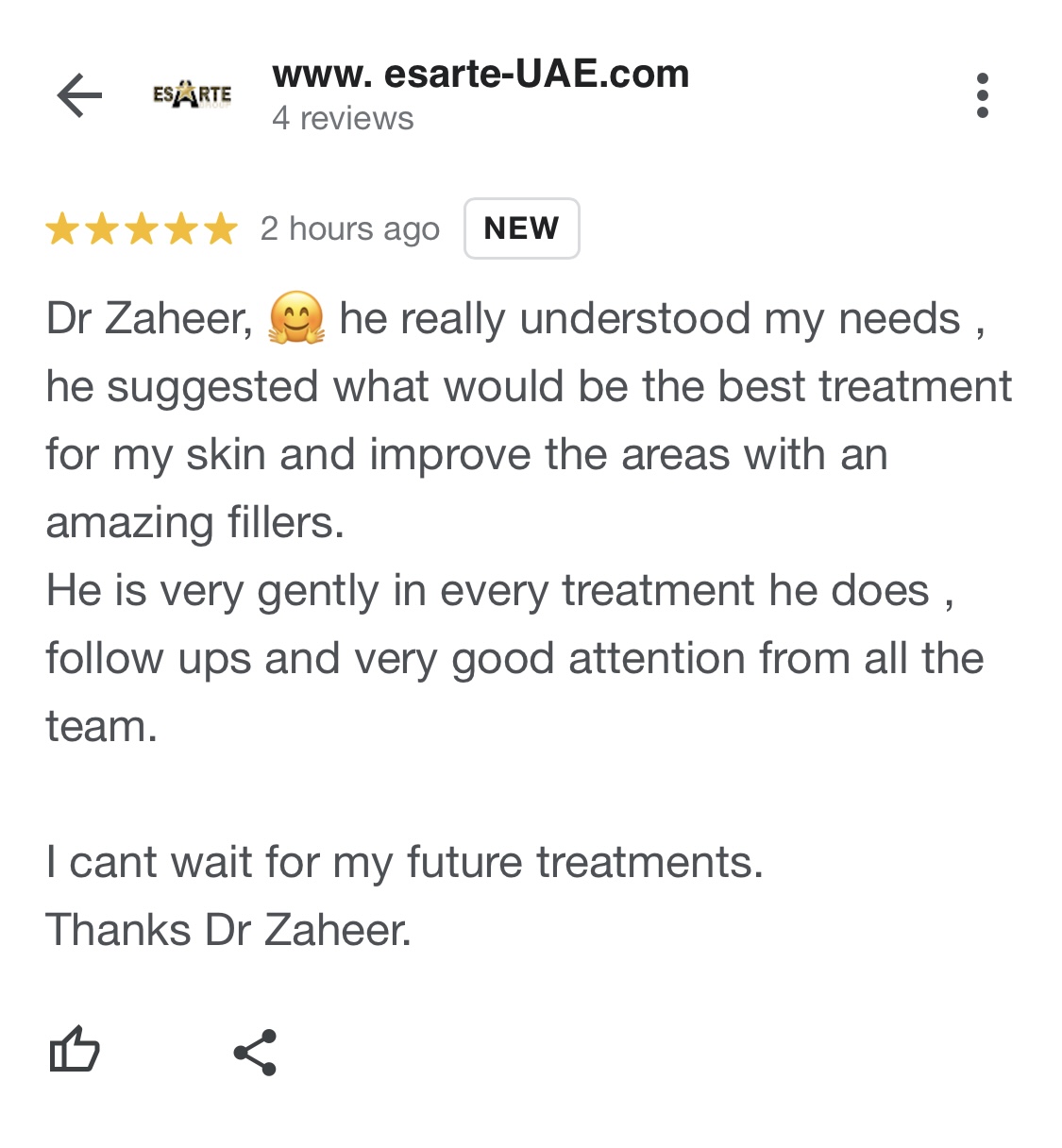 Patient review screenshot by www. esarte-UAE.com