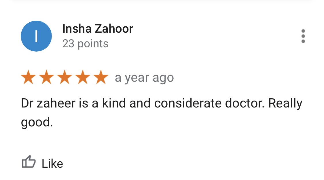 Patient review screenshot by Insha Zahoor